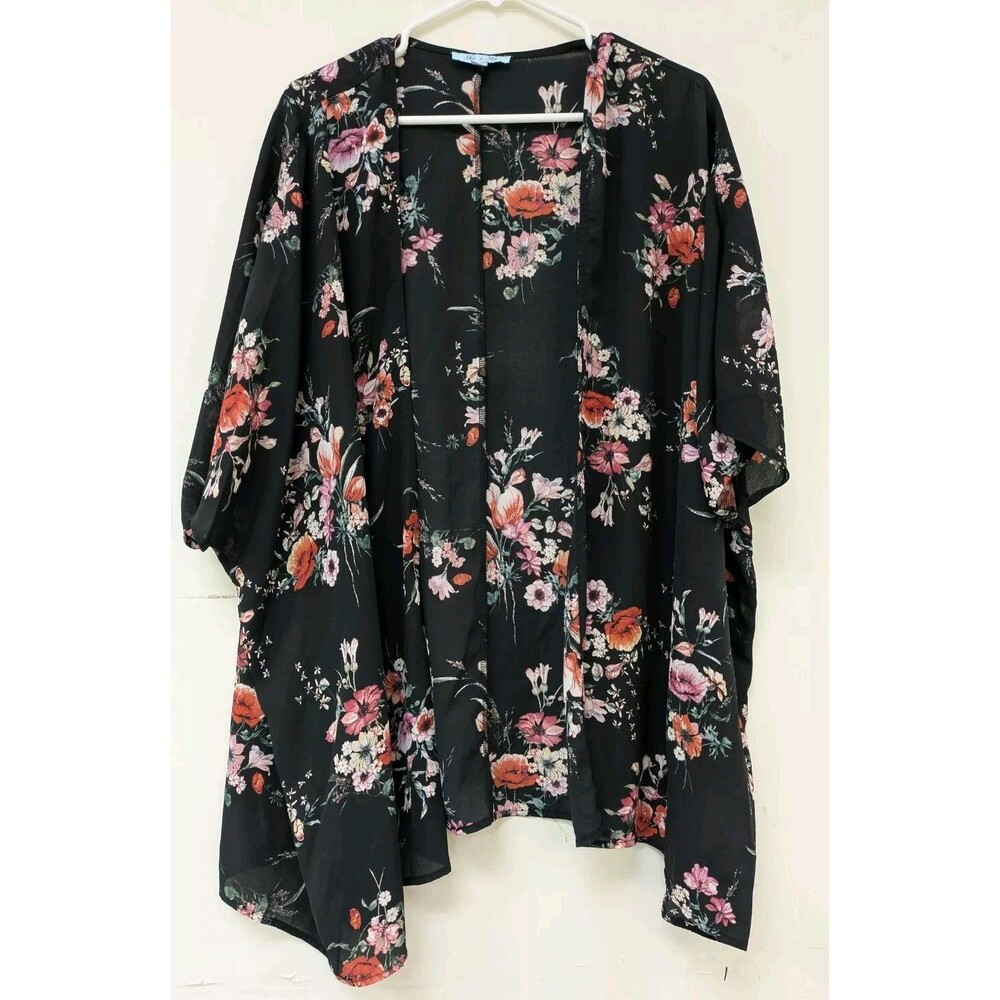 She + Sky OS Black Floral Kimono Duster Cardigan Chiffon Overlay Bohemian Boho